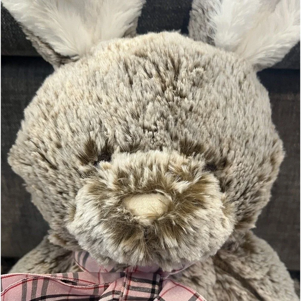 Pottery Barn Kids Gray Plush  Bunny Rabbit Stuffed Animal Pink Plaid Bow Easter